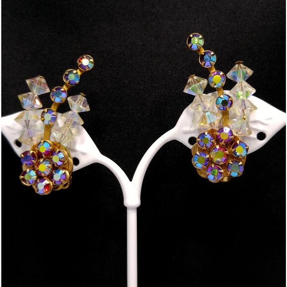 1950s Red Aurora Borealis Crystal Ear Climber Earrings Vintage Clip On Jewelry - Picture 4 of 10